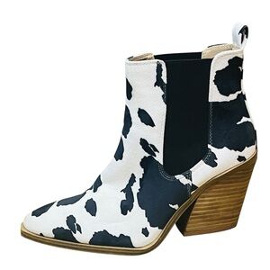 Barn Babe Leather Boots Western Cow Print Side/Elastic Stacked/Heel Sz 7.5